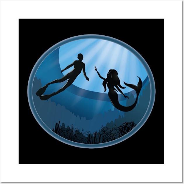 Diver with Mermaid Underwater Wall Art by TheInkElephant